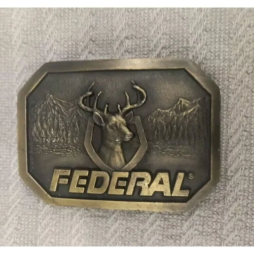 Vintage Indiana Metal Craft Federal Ammunition Brass Belt Buckle Deer Buck Hunt